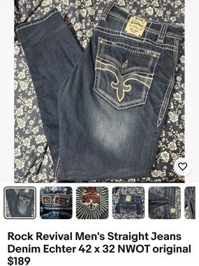 Rock Revival Men’s “Echter” Dark Blue Straight Jeans 42x32 NWOT